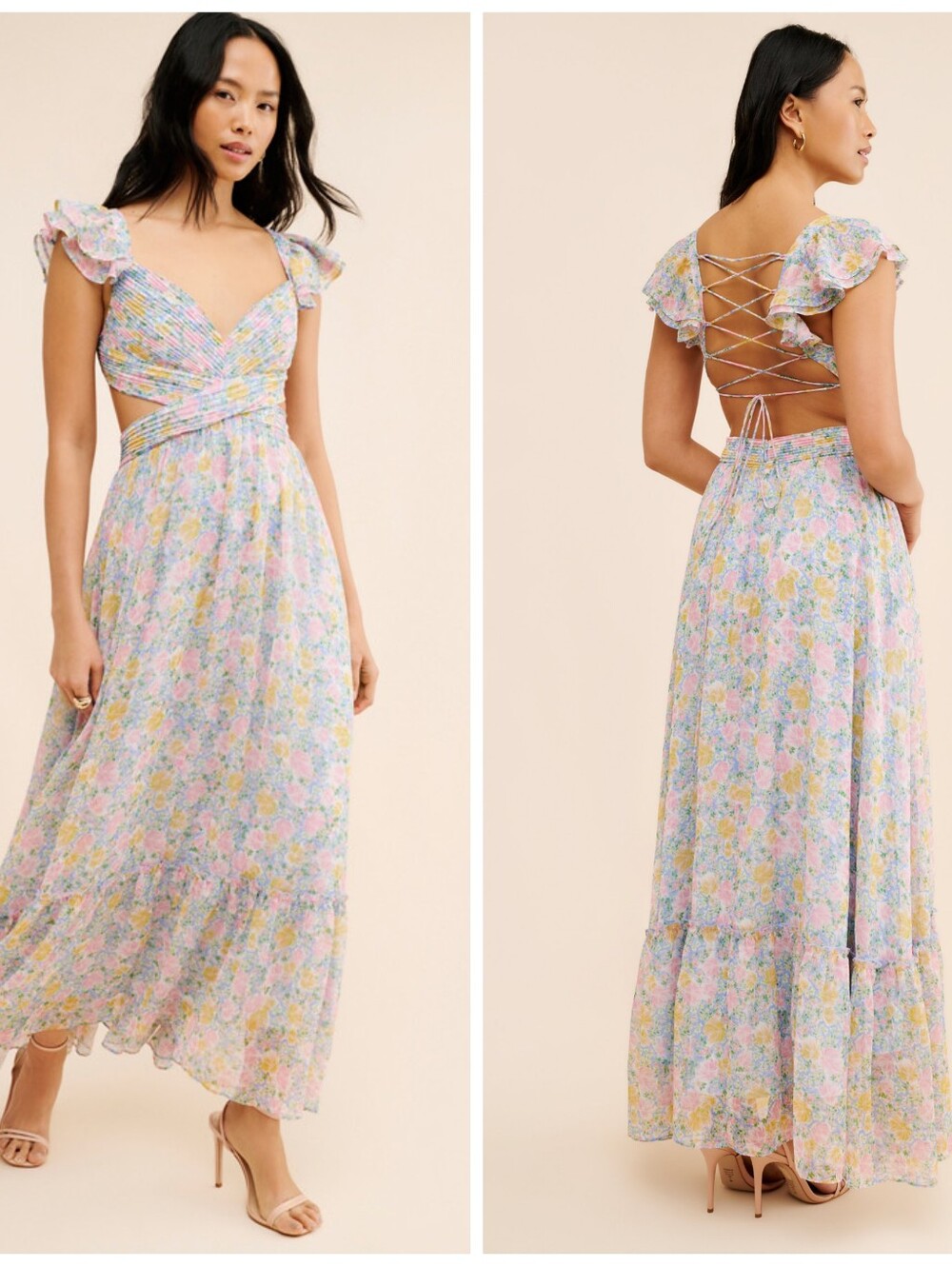 ASTR The Label Primrose Maxi Dress L Pink Blue Floral Strappy Back Long Dress